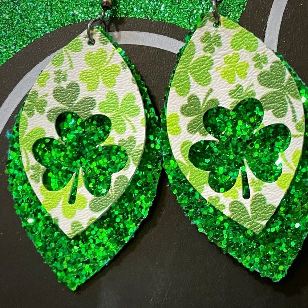 St. Patrick’s Day Faux Leather Earrings | Glitter Shamrock Earrings